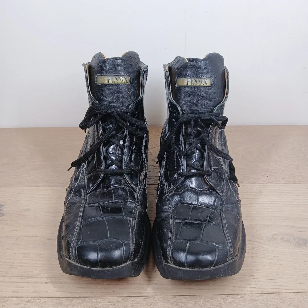 Rare Fennix Italy Exotic Ostrich Leather Boots Men 46 Black High Top Square Toe